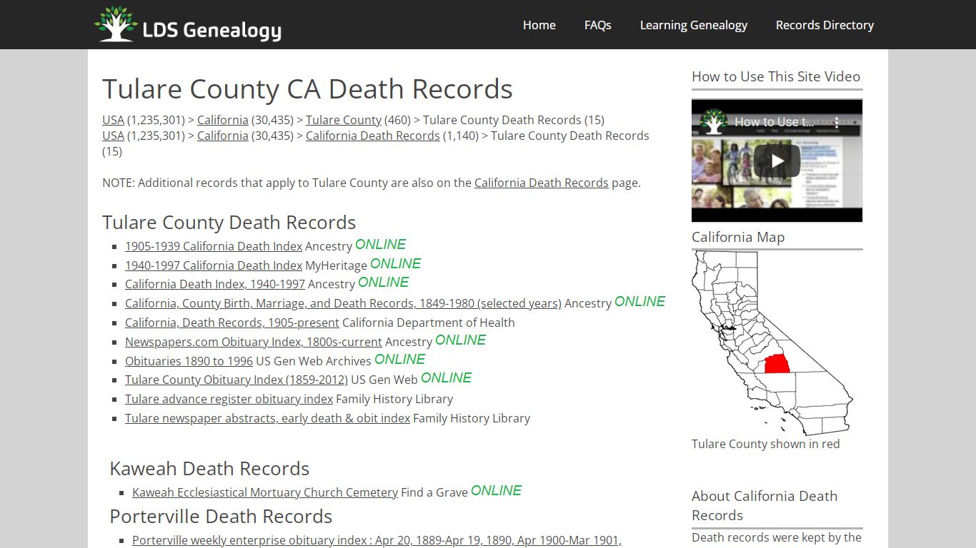 Tulare County CA Death Records - LDS Genealogy