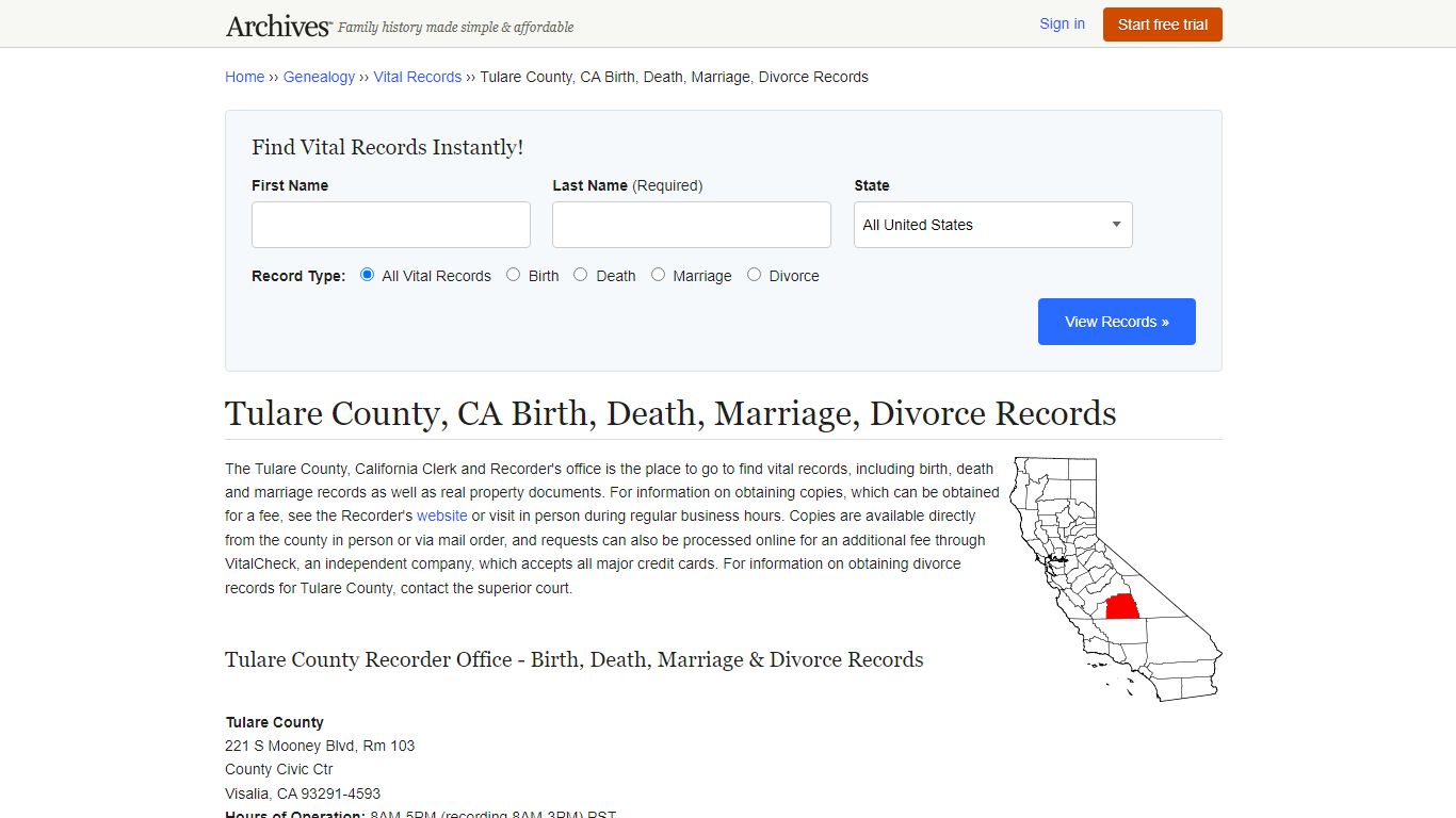 Tulare County, CA Birth, Death, Marriage, Divorce Records